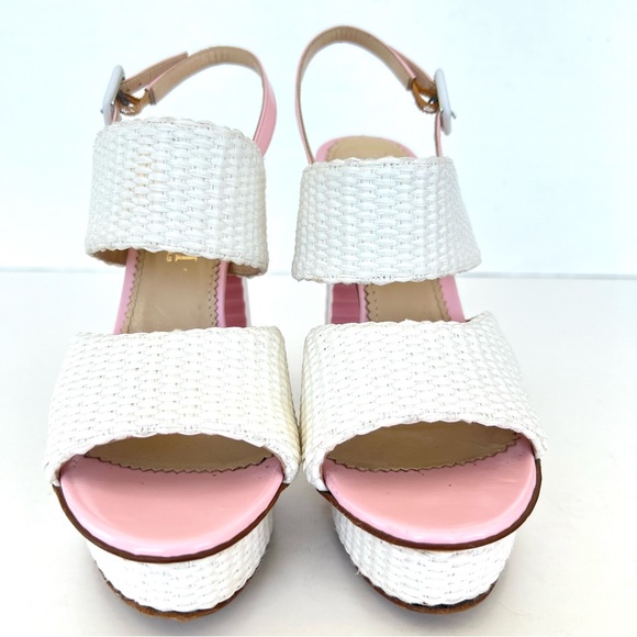 APERLAI Paris White Wicker Style Pink Leather Ankle Strap  Lucite Heel Sz 38 - Picture 4 of 15
